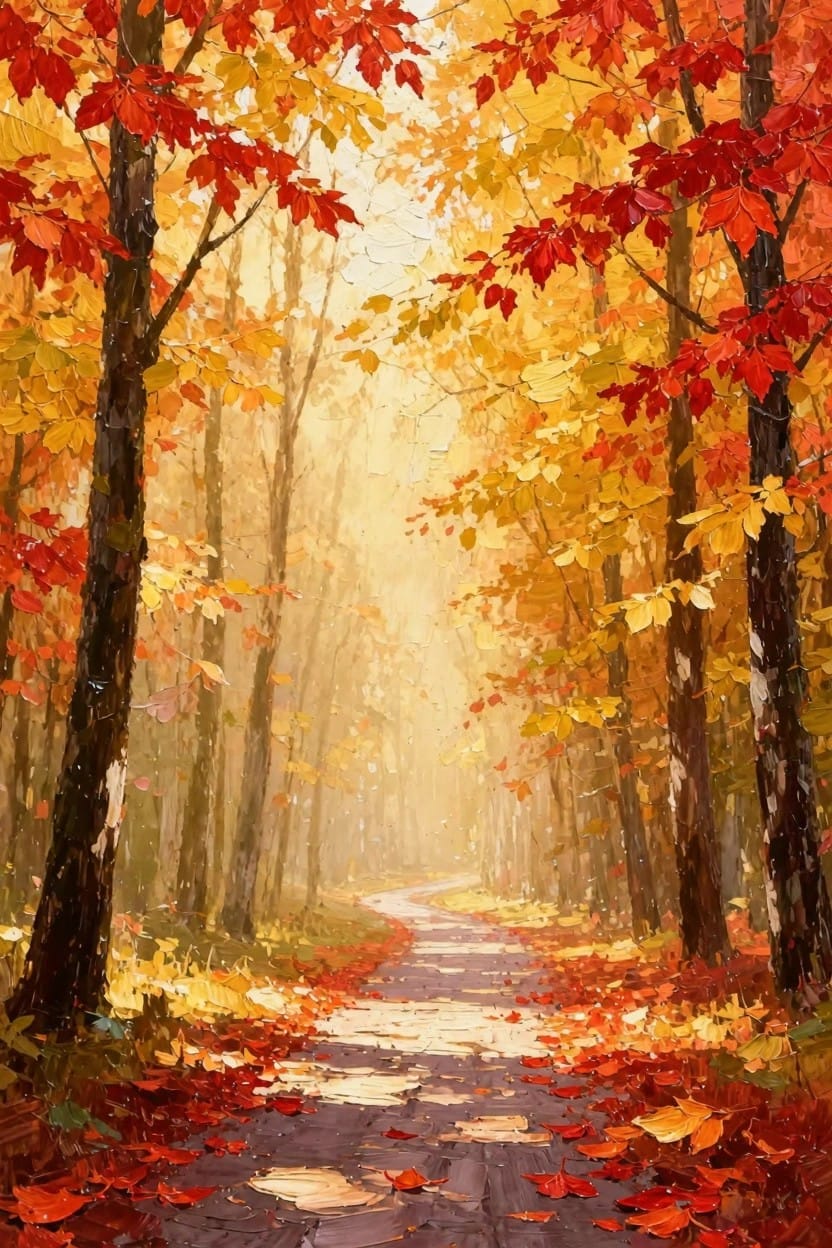 Oil painting of a curving path through dense autumn trees with vibrant red, orange, and yellow leaves and golden sunlight streaming through the canopy.