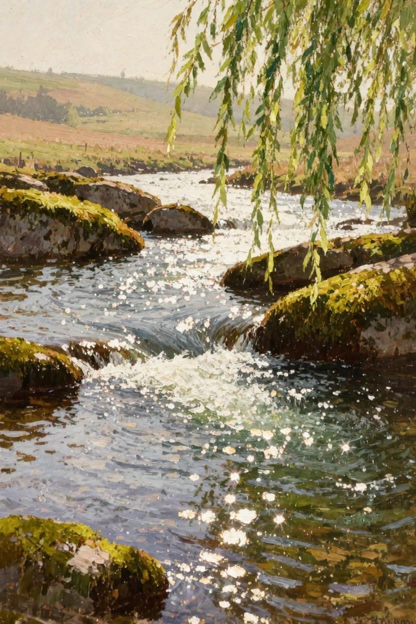 Oil painting of a sunlit stream flowing over moss-covered rocks with overhanging green willow branches and distant hills in soft light.