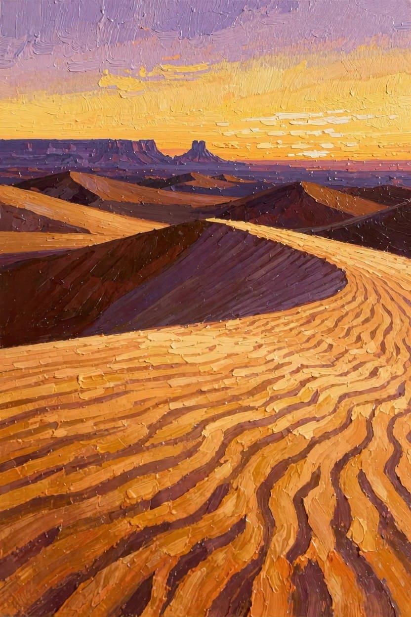 Oil painting of textured, curving sand dunes in golden light at sunset, with distant purple mesas silhouetted against a purple-to-orange sky.