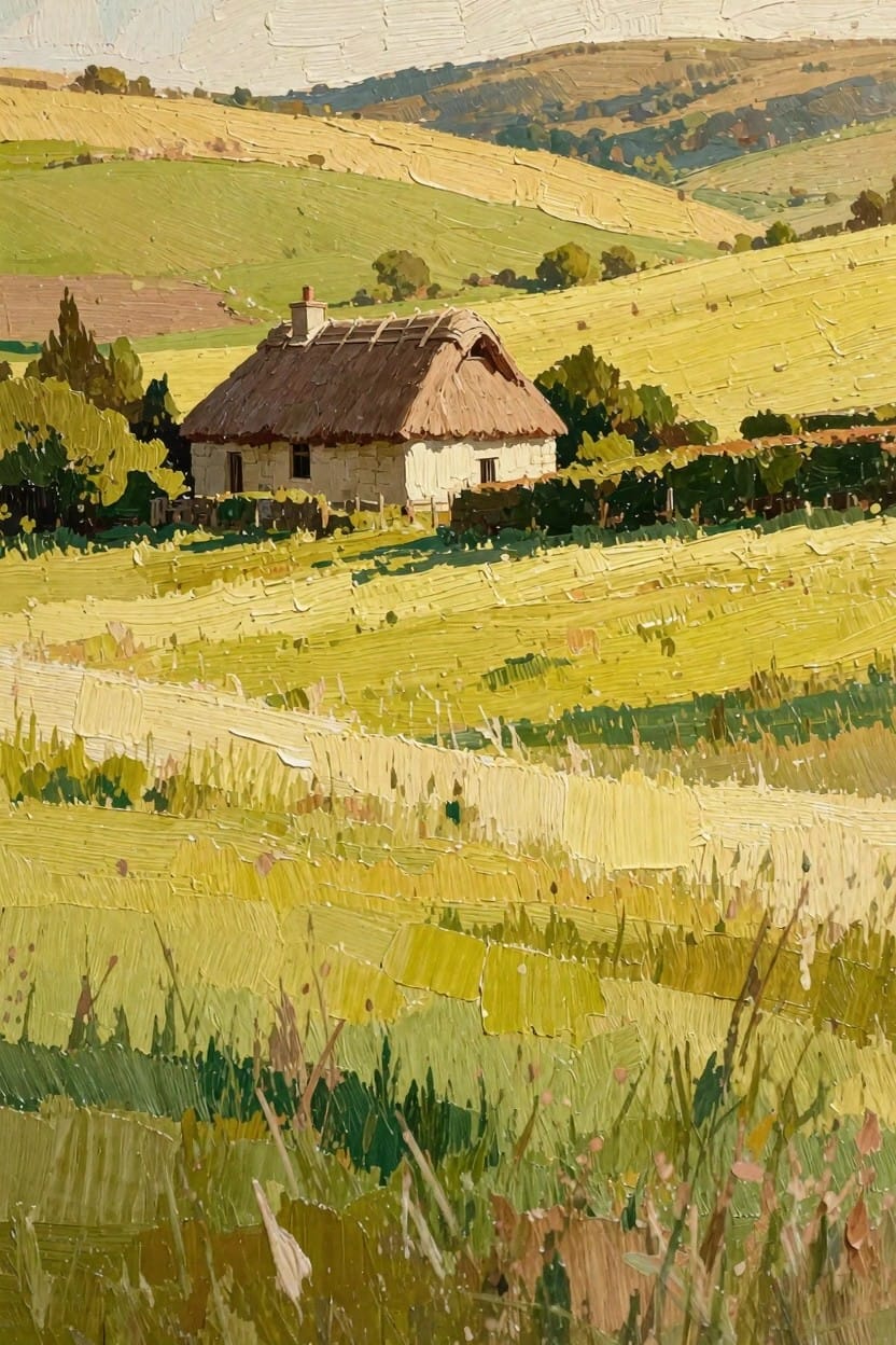 Oil painting depicting a thatched-roof cottage amid rolling yellow wheat fields and green hills under a cloudy sky.