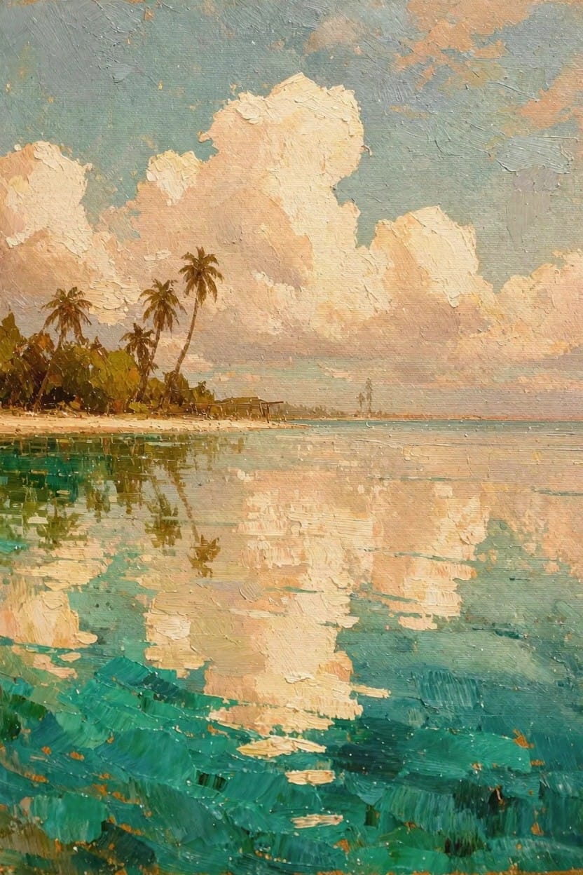 Impasto oil painting of a tropical beach with palm trees on a sandy shore, turquoise water reflecting white clouds, and distant masts on the horizon.