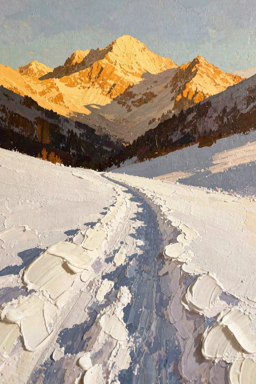Oil painting of a snowy trail winding toward sunlit mountain peaks with textured snow and blended skies.