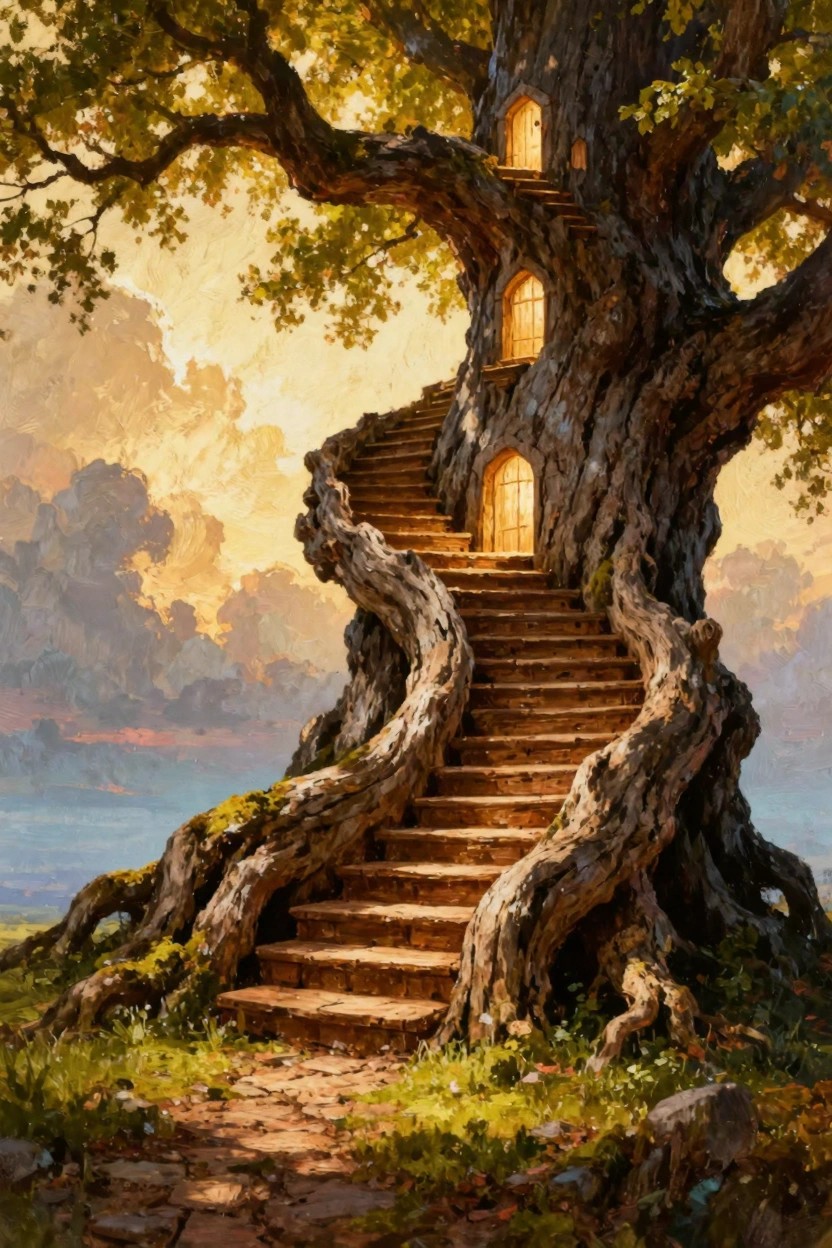 Large ancient tree beside water with small glowing doors and windows carved into bark plus a spiral wooden staircase winding up trunk against sunset sky.