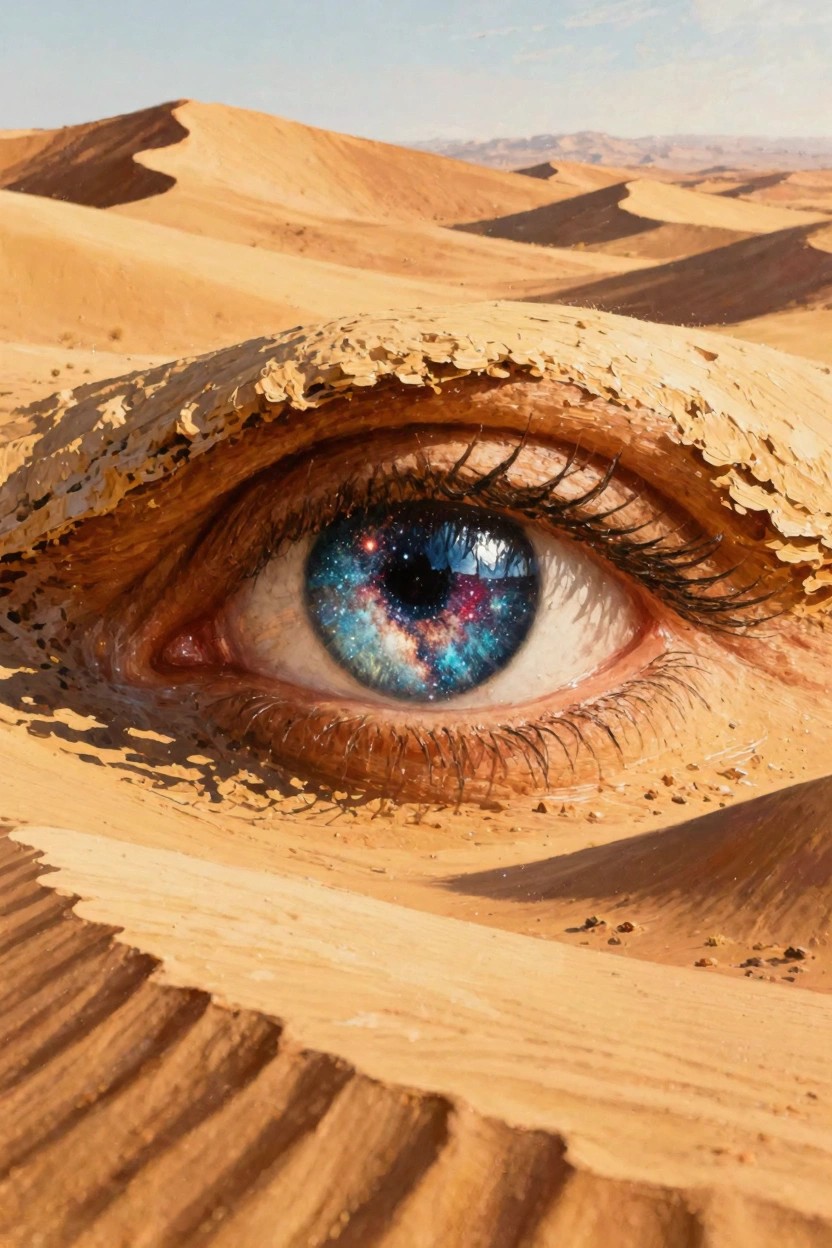 A surreal image of a large blue eye with a galaxy iris formed from textured desert sand dunes in a vast sandy landscape.