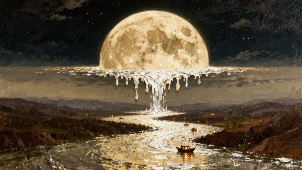 19 Surreal Oil Painting Ideas To Stretch Your Creativity Giant yellow moon melting and dripping golden liquid that forms a winding river with three small boats in a dark starry landscape.