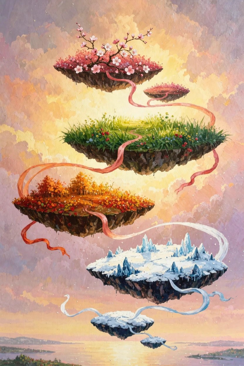 Four floating islands showing spring pink blossoms, summer green meadows, autumn orange trees, and winter snowy peaks connected by colored ribbons float above a sunset lake landscape.