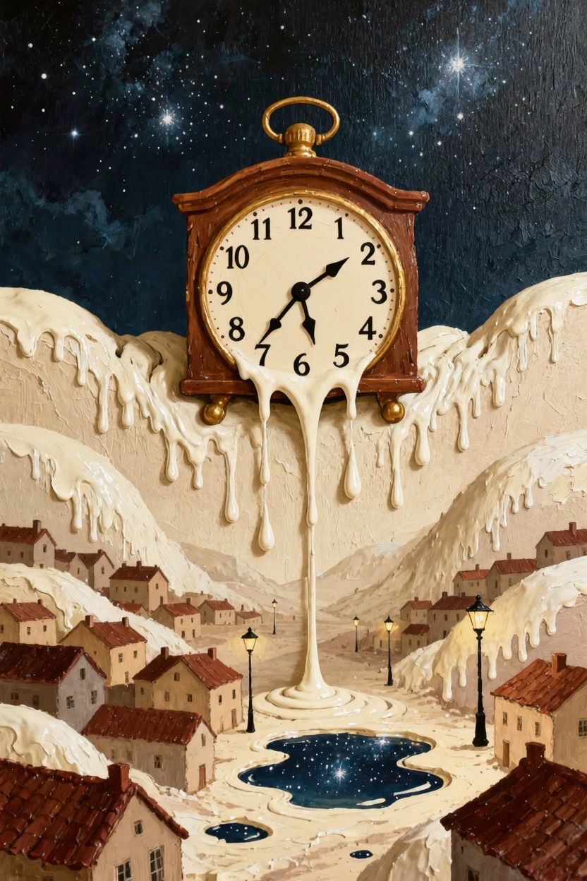 Surreal painting of a giant wooden clock melting white cream over snowy peaks with a village, lampposts, and starry blue pool below a night sky.