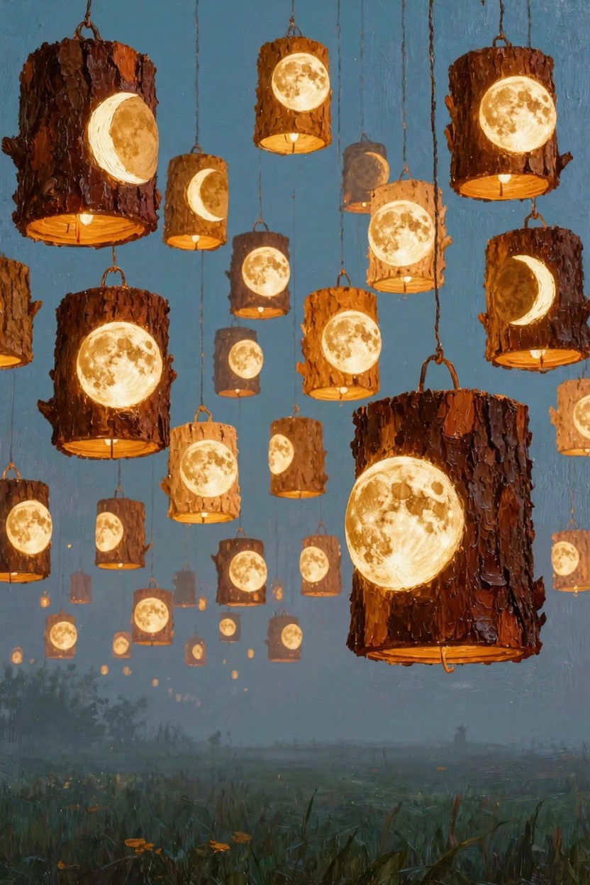 Numerous wooden lanterns carved with glowing moons hang from ropes in a twilight sky above a misty grassy field.