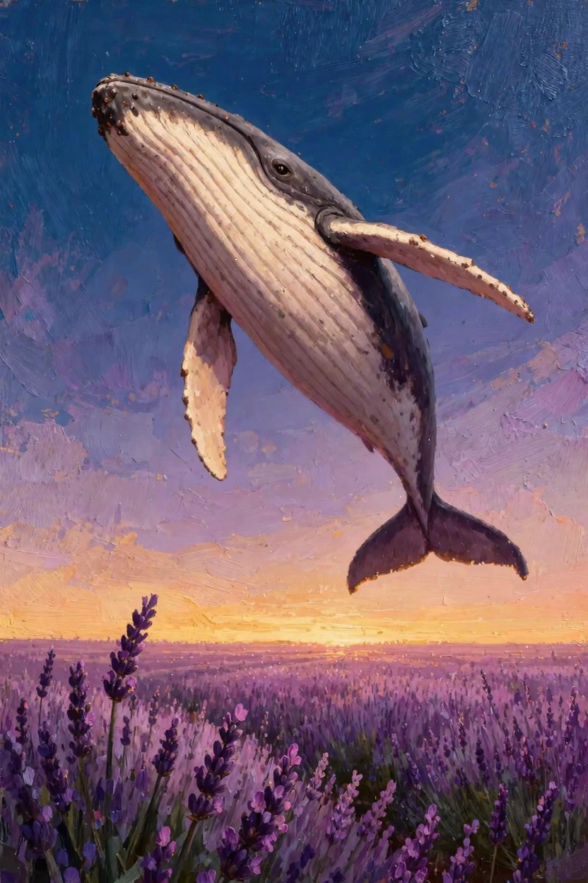 Oil painting of a humpback whale leaping above purple lavender fields under a blue-to-orange sunset sky.