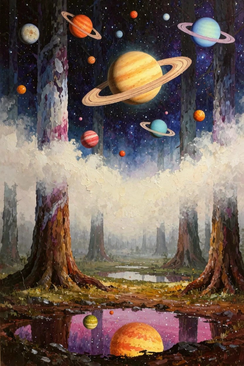 Surreal oil painting of misty tall trees in a forest under a starry sky with colorful planets and rings, some reflected in a purple-tinged foreground pool.
