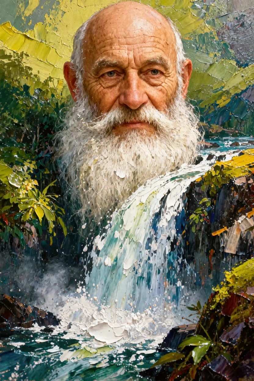 Oil painting of a bald elderly man with long white beard emerging from green forest foliage, with a white waterfall cascading from the beard over rocks into blue water.