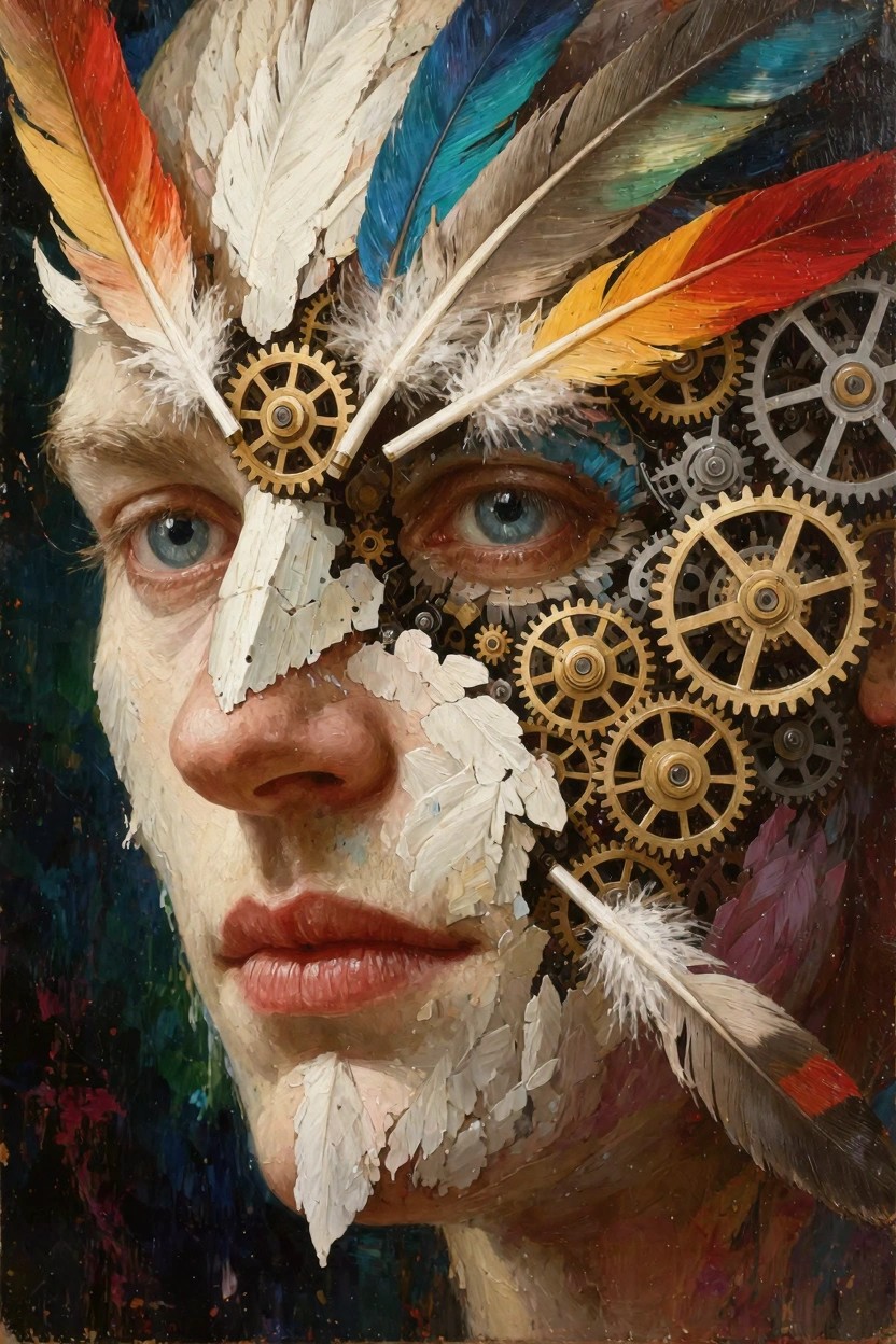 Close-up portrait of a pale face with blue eye and red lips, right side merged with colorful feathers and brass gears on a dark background.
