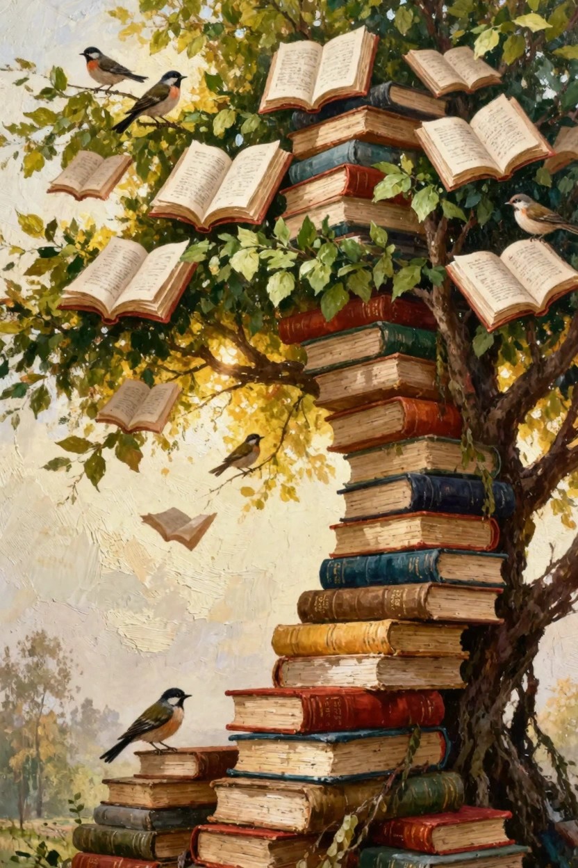 Oil painting of a tall tree formed by stacks of colorful antique books as trunk and branches, with open books flying like leaves, green foliage mixed in, and small birds perched throughout against a golden sky.