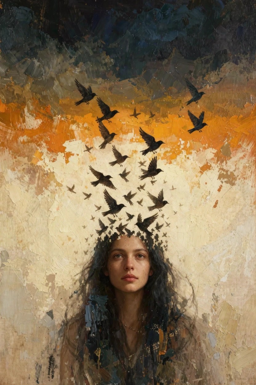 Oil painting of a woman's realistic face with dark hair transforming into a swirling flock of black birds rising into a textured orange-blue sky.