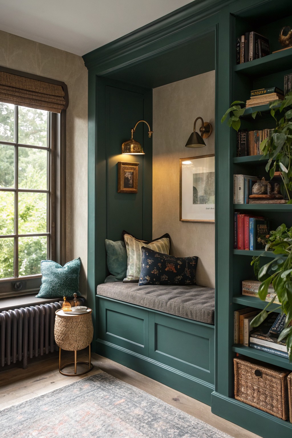 Deep green built-in bookshelves and cushioned window seat in a cozy reading nook with books, plants, and soft wall sconces