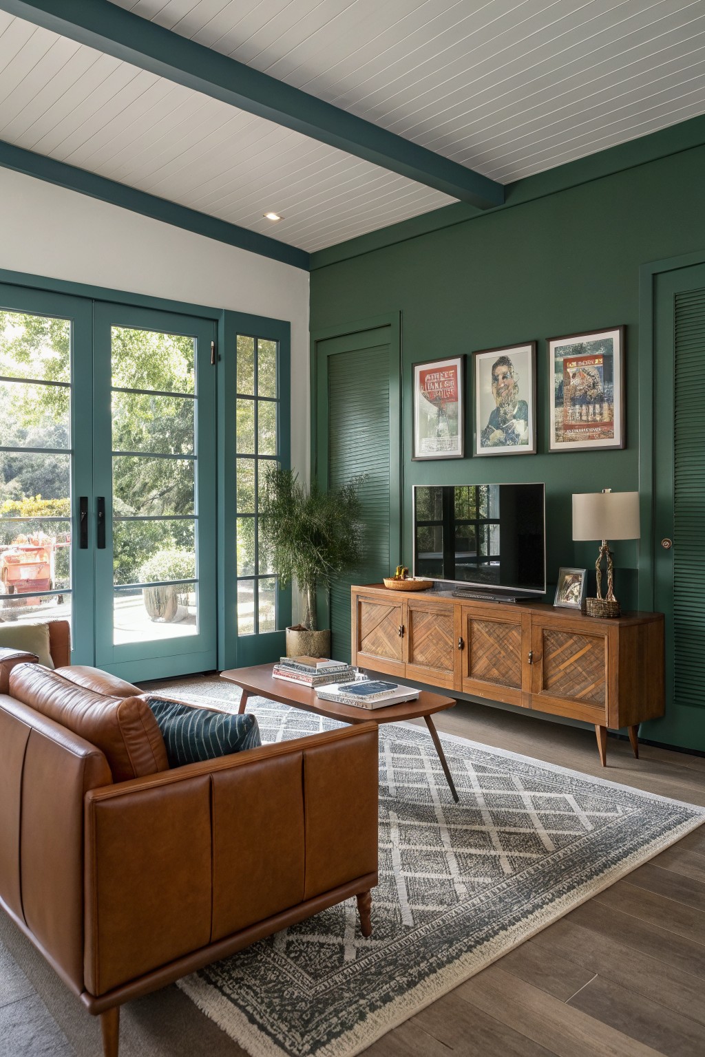 Cozy living room featuring deep green walls, wooden media console with TV, tan leather sofa, potted plants, and large green French doors opening to outdoors