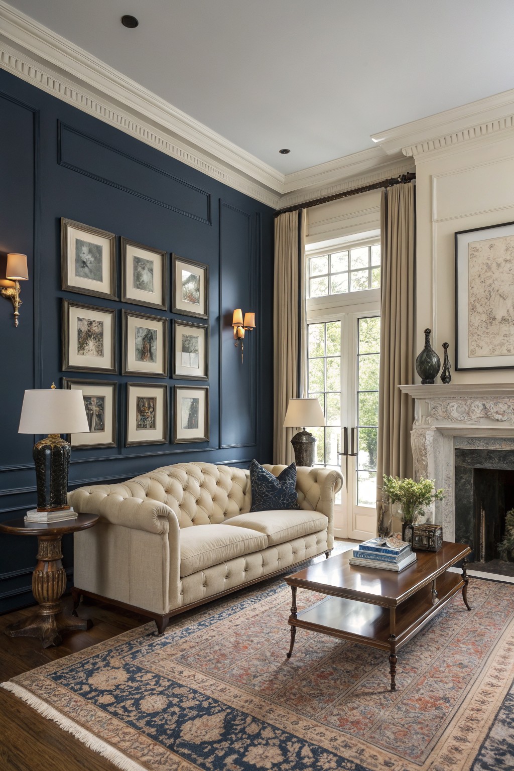 Formal living room with deep navy paneled walls, cream tufted sofa, wood side tables, and a carved fireplace mantel.