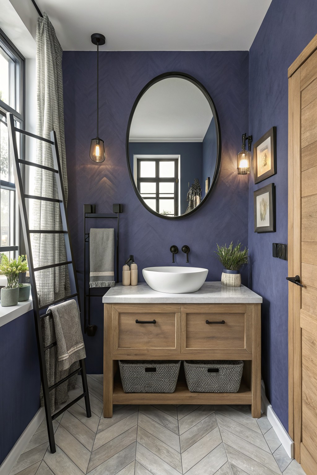 Cozy bathroom featuring deep navy herringbone walls, oak vanity with white vessel sink, black ladder towel rack, plants, and warm lighting.