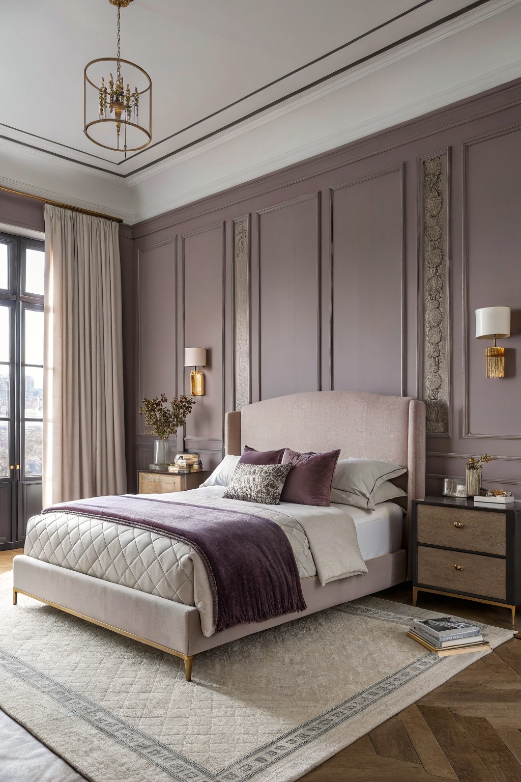 Bedroom interior featuring soft dusty mauve paneled walls, a beige upholstered bed with purple accents, and warm gold lighting