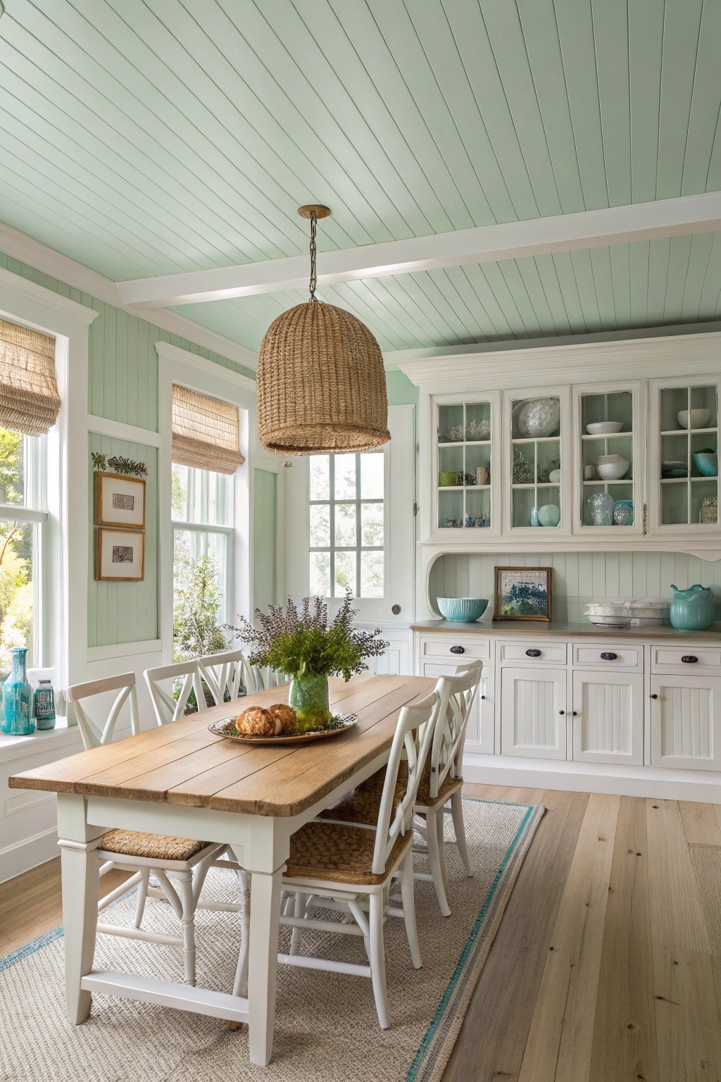 Pale sage green walls and planked ceiling in a light-filled dining room with wood table, white cabinets, and woven chairs
