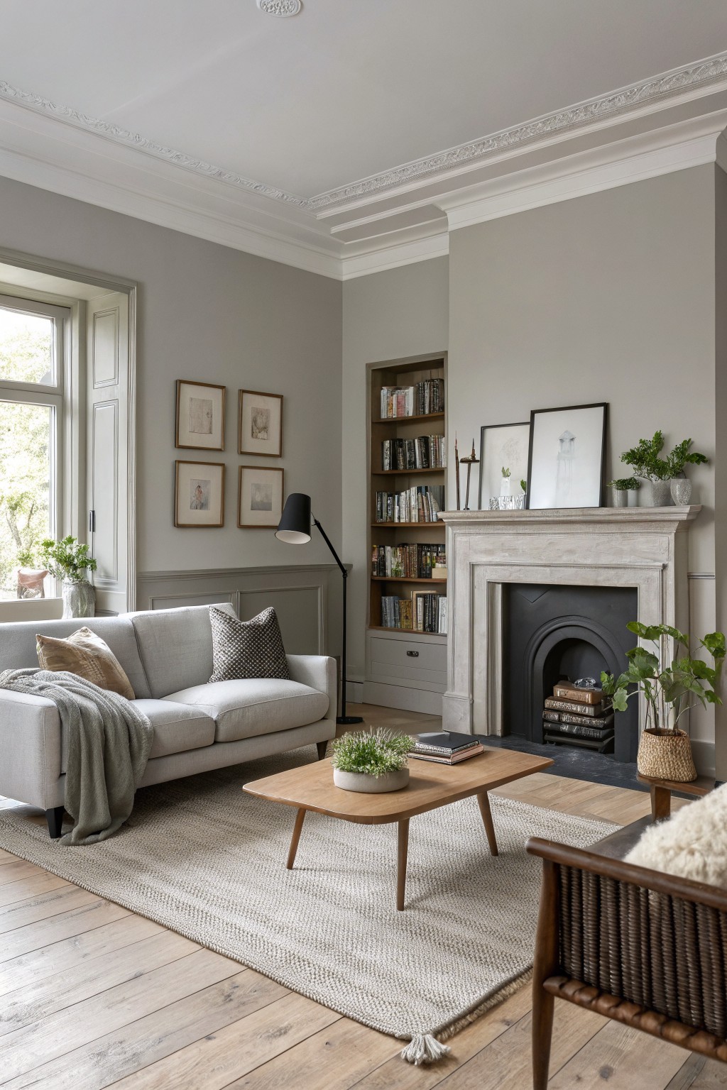 Light greige walls in a living room with white fireplace mantel, gray sofa, wood coffee table, plants, and oak floors