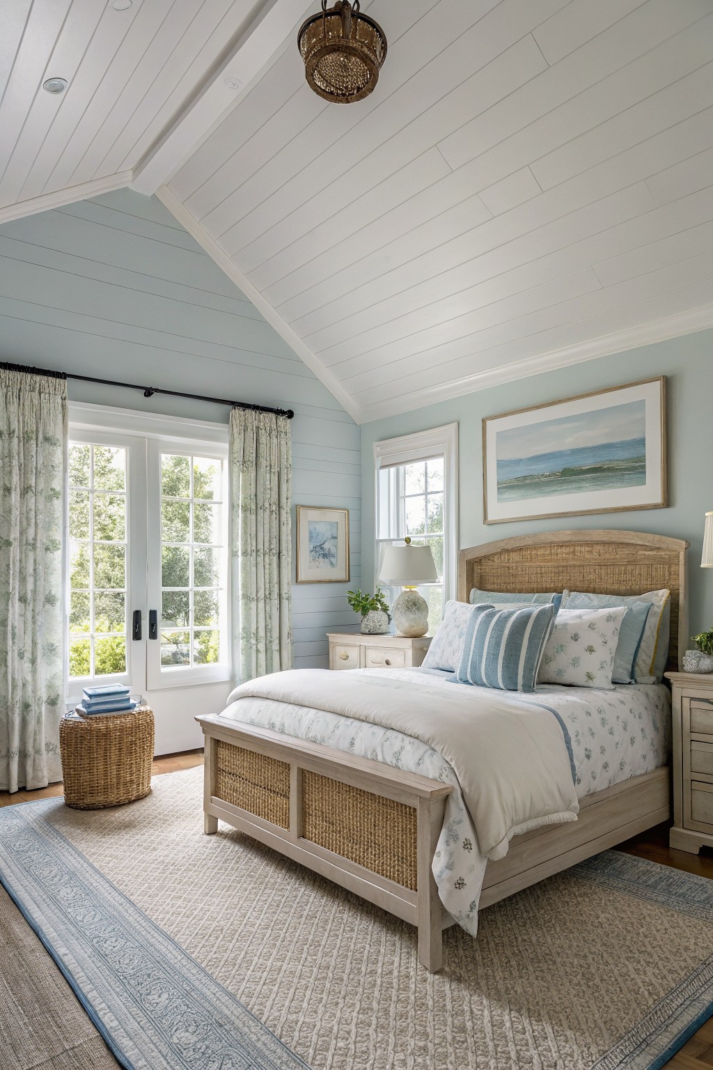 Bedroom with soft pale blue walls, rattan bed, white shiplap ceiling, and French doors to garden