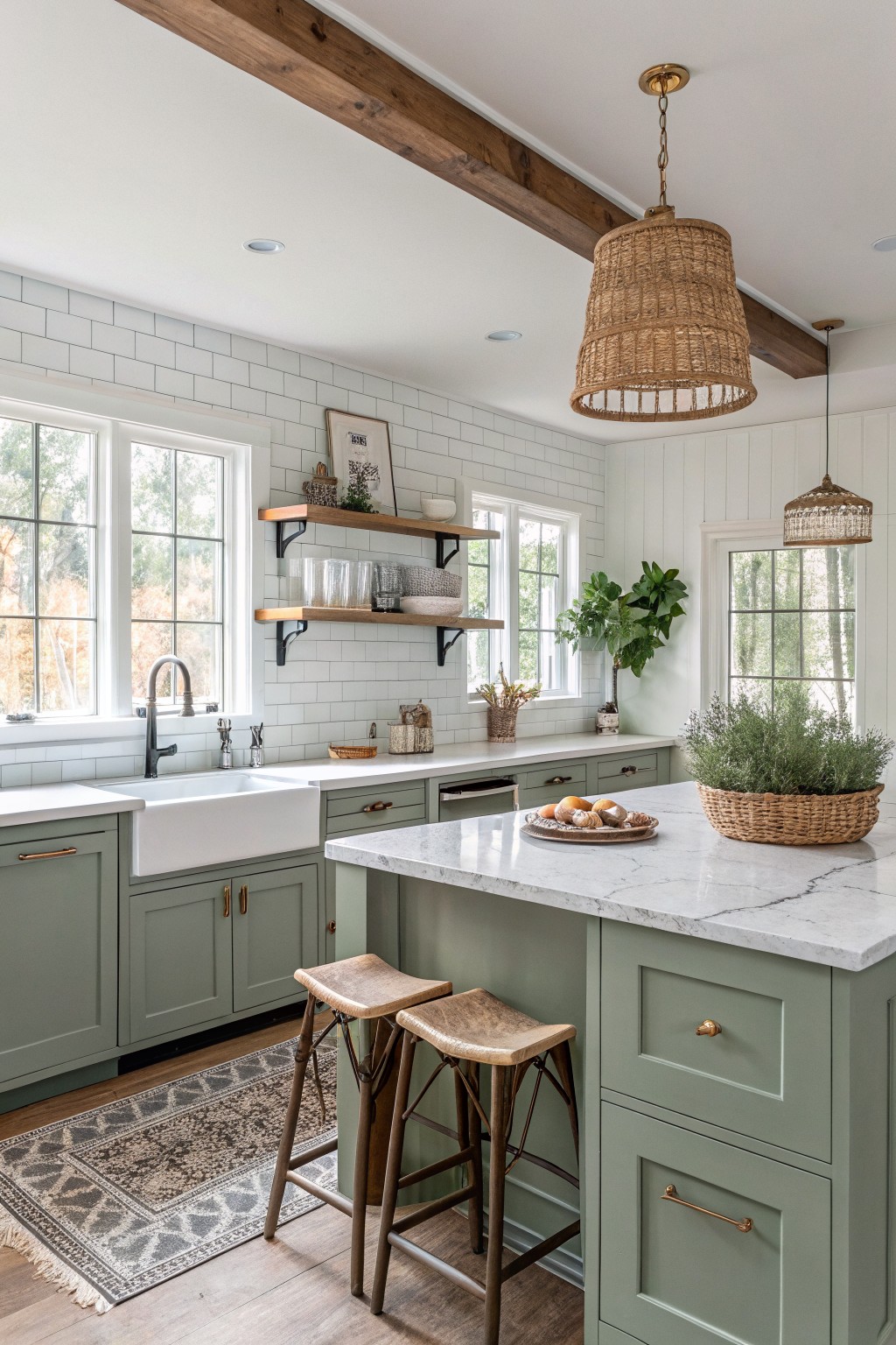 Cozy kitchen featuring soft sage green shaker-style cabinets, white subway tile backsplash, farmhouse sink, white quartz island with wooden stools, rattan pendant lights, open shelving, and large windows with natural light