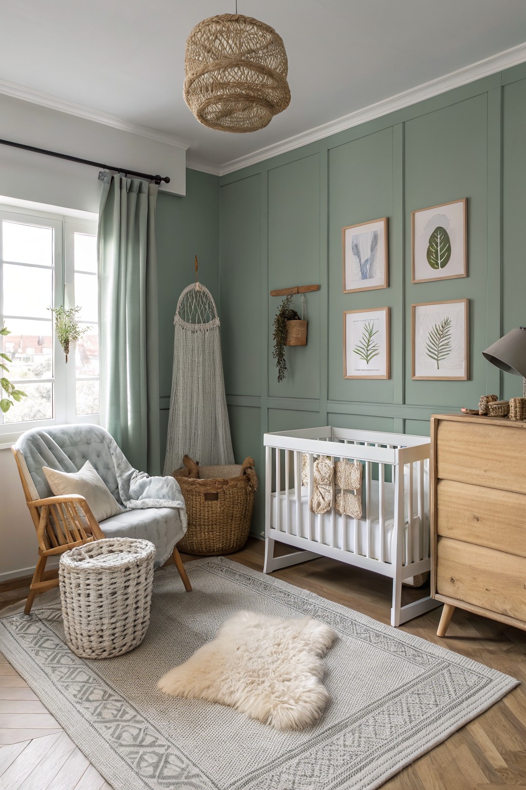 Nursery with soft sage green paneled walls, white crib, wood dresser, rattan accents, and cozy seating area