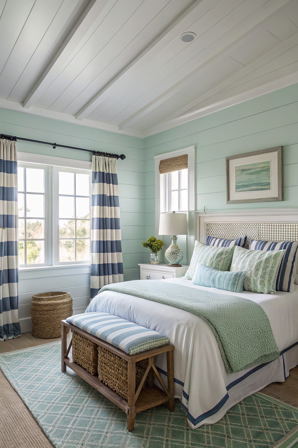 Cozy bedroom featuring pale seafoam green shiplap walls, large windows with navy-white striped curtains, white king bed layered with green pillows and throw, foot bench with seagrass baskets on patterned rug