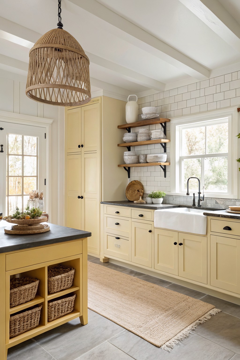 Cozy kitchen with soft yellow cabinets, black countertops on the island and perimeter, white subway tile backsplash, and rattan pendant light