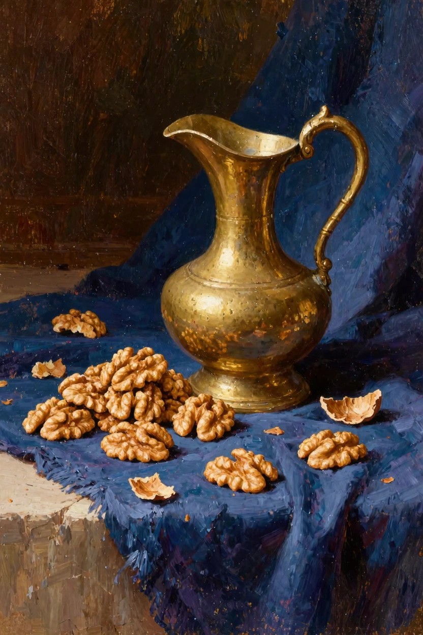Oil painting of golden brass pitcher with handle next to pile of walnuts and shells on blue draped cloth over stone edge.