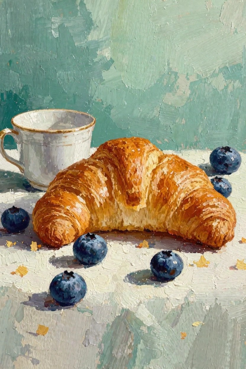 Oil painting of a golden croissant, white teacup, and blueberries on a white tablecloth against a teal background.