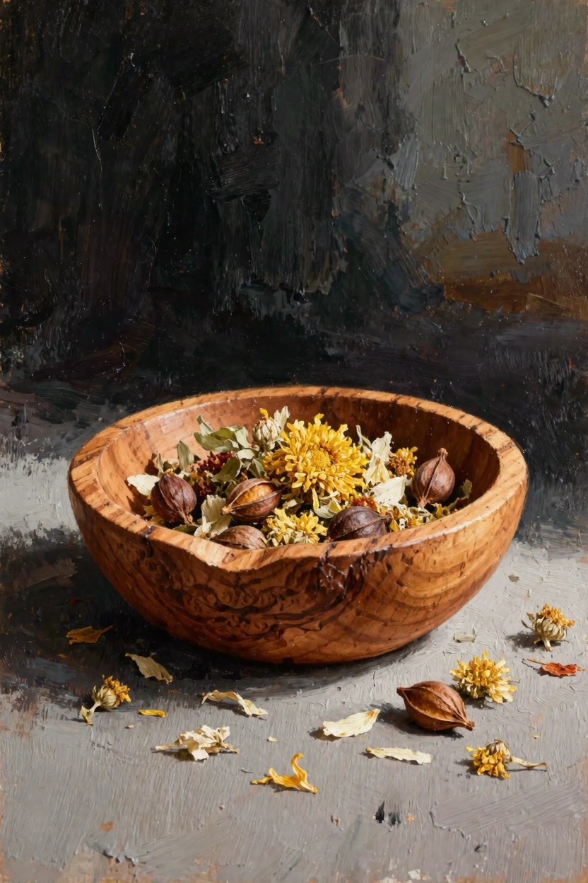 Oil painting of a shallow wooden bowl filled with dried yellow chrysanthemums, seed pods, and leaves, with some elements scattered on a gray surface against a dark background.