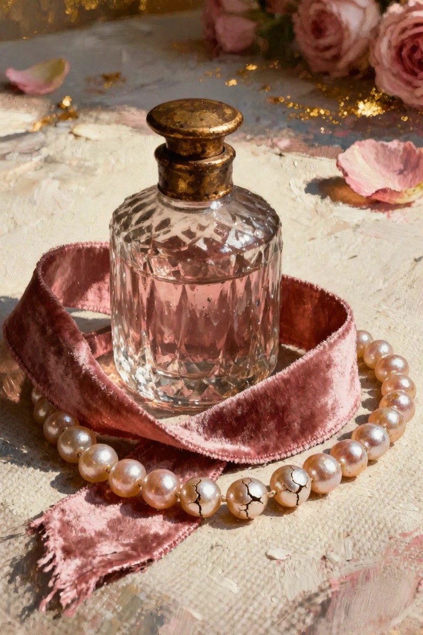 Pink faceted perfume bottle with gold cap, wrapped in pink velvet ribbon and encircled by pink pearls, surrounded by rose petals and gold flecks on textured beige surface.