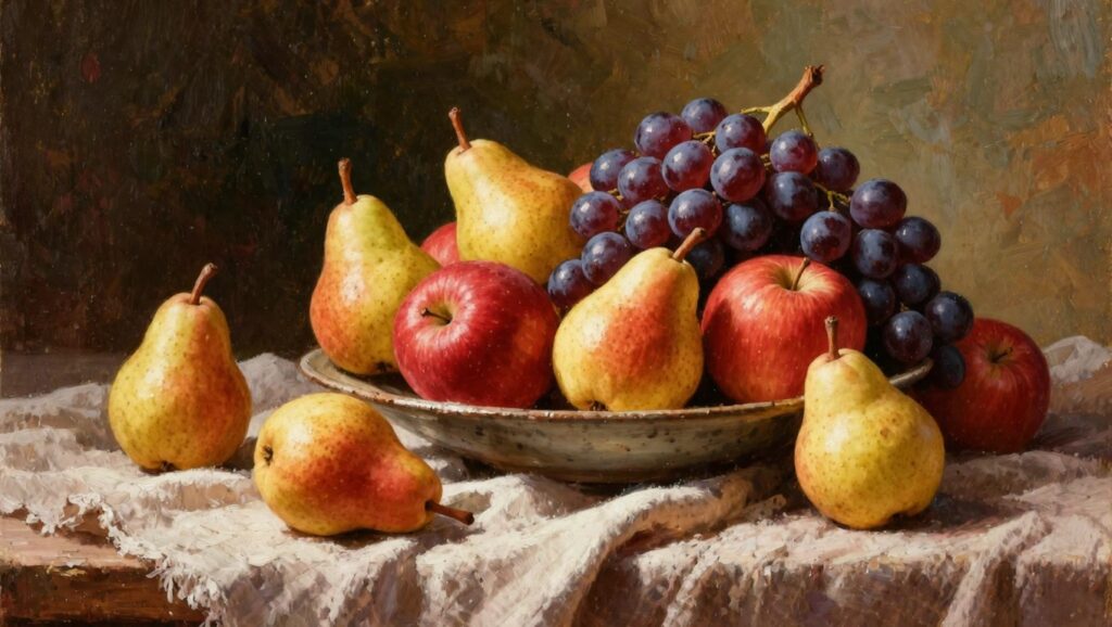 Oil painting still life of pears, apples, and grapes on a white plate with draped white cloth on wood against dark background.