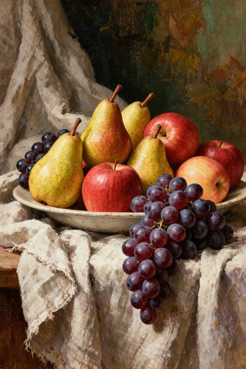 Oil painting still life of pears, apples, and grapes on a white plate with draped white cloth on wood against dark background.