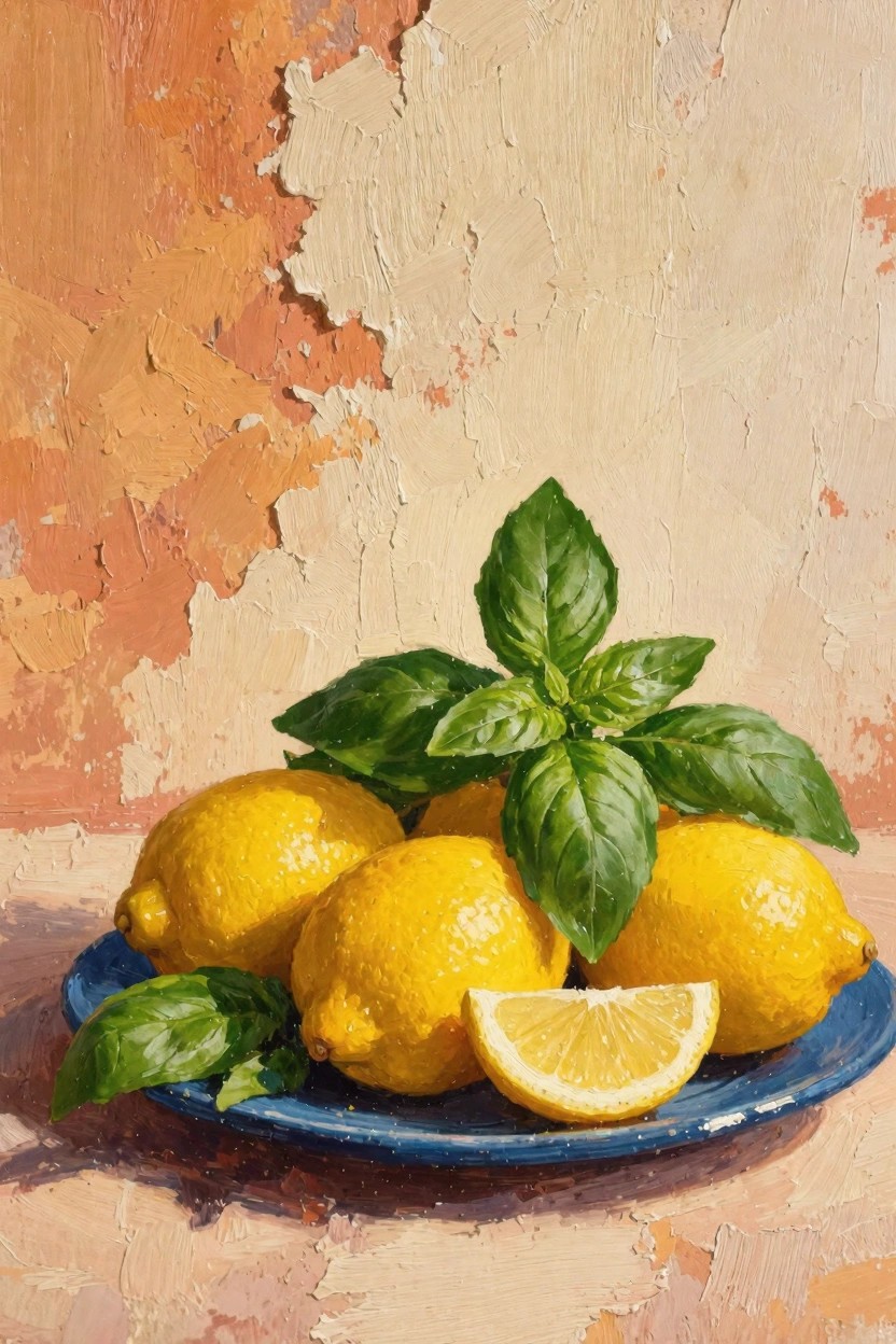 Oil painting of yellow lemons including one sliced open with green basil leaves on a blue plate against a textured orange wall.