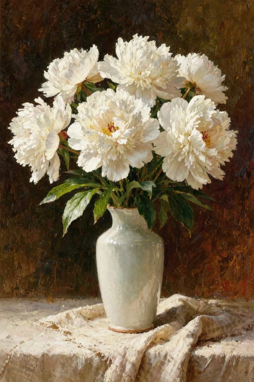 Oil painting of white peonies arranged in a white ceramic vase on a draped white cloth against a dark background.