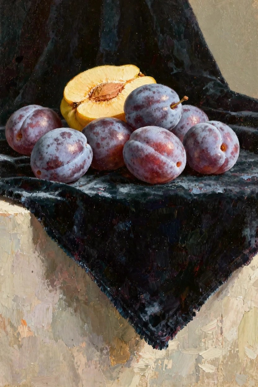 Oil painting of multiple purple plums and a sliced yellow peach arranged on black velvet fabric.
