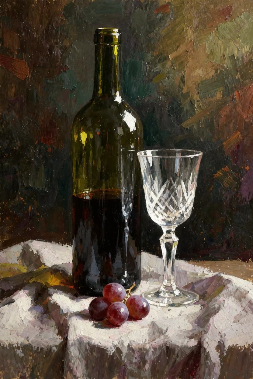 Oil painting of green wine bottle with red wine inside, empty cut-crystal wine glass, and bunch of red grapes on white cloth against textured dark background.