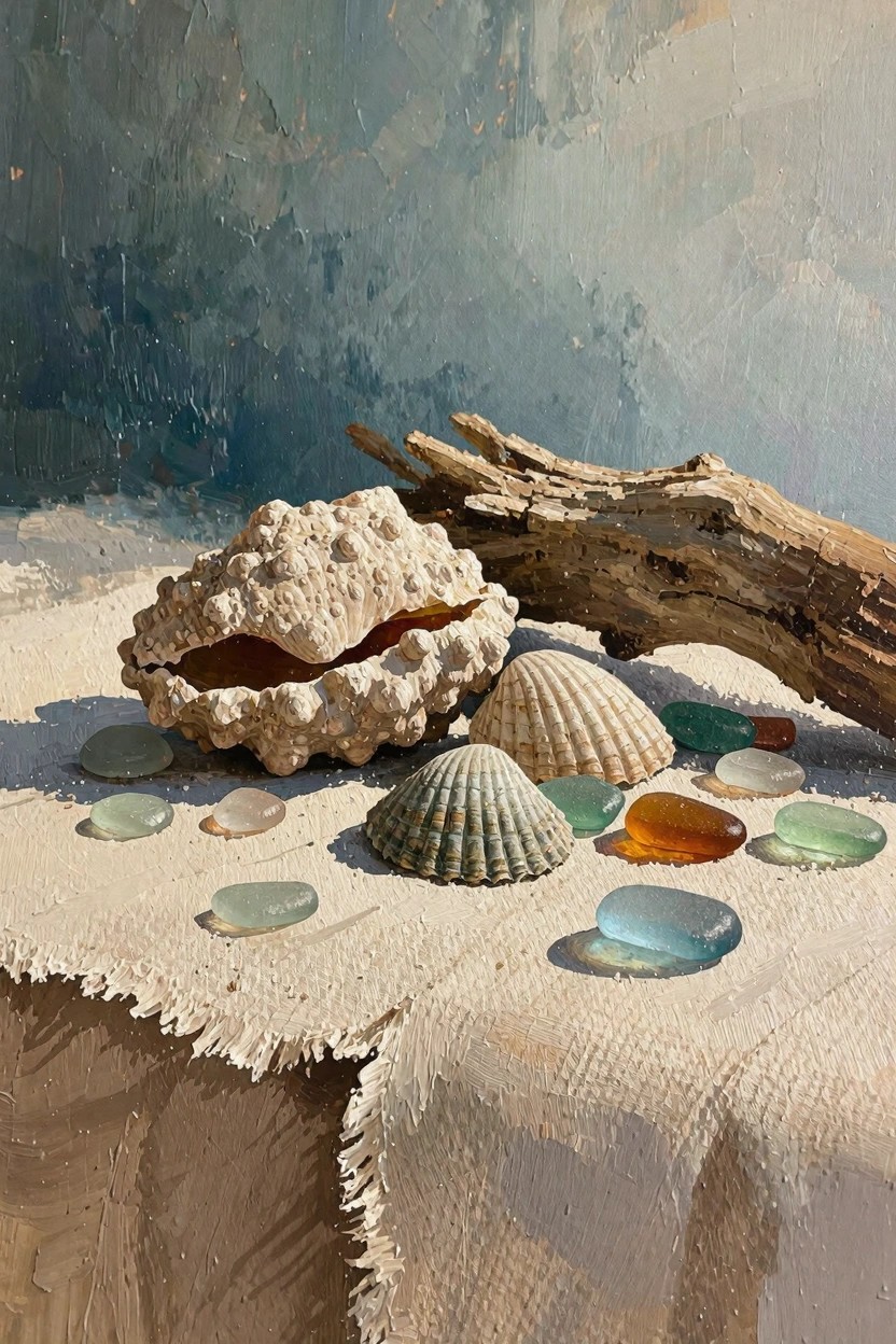 Oil painting of seashells, sea glass pieces in blues and oranges, and driftwood on white textured fabric against a blue-gray background.