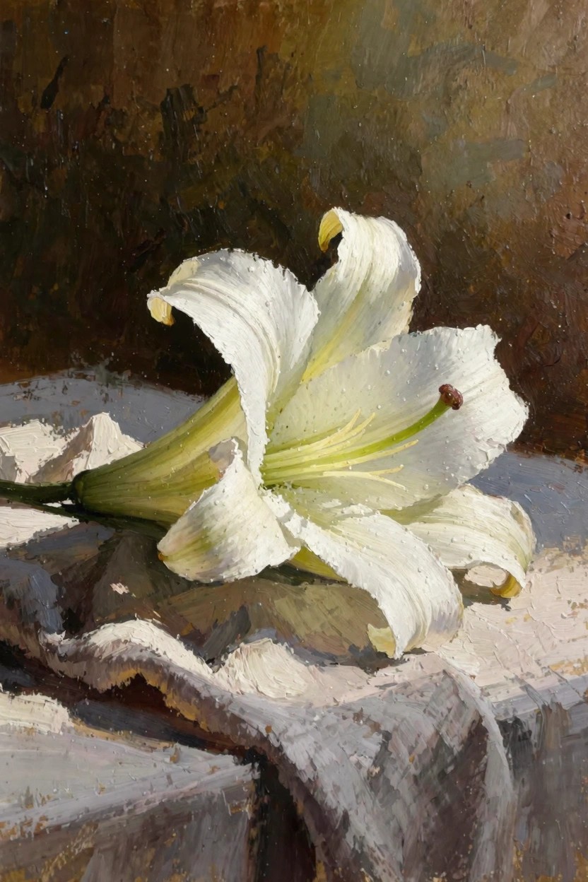Oil painting of a white lily lying on white draped fabric against a dark background.
