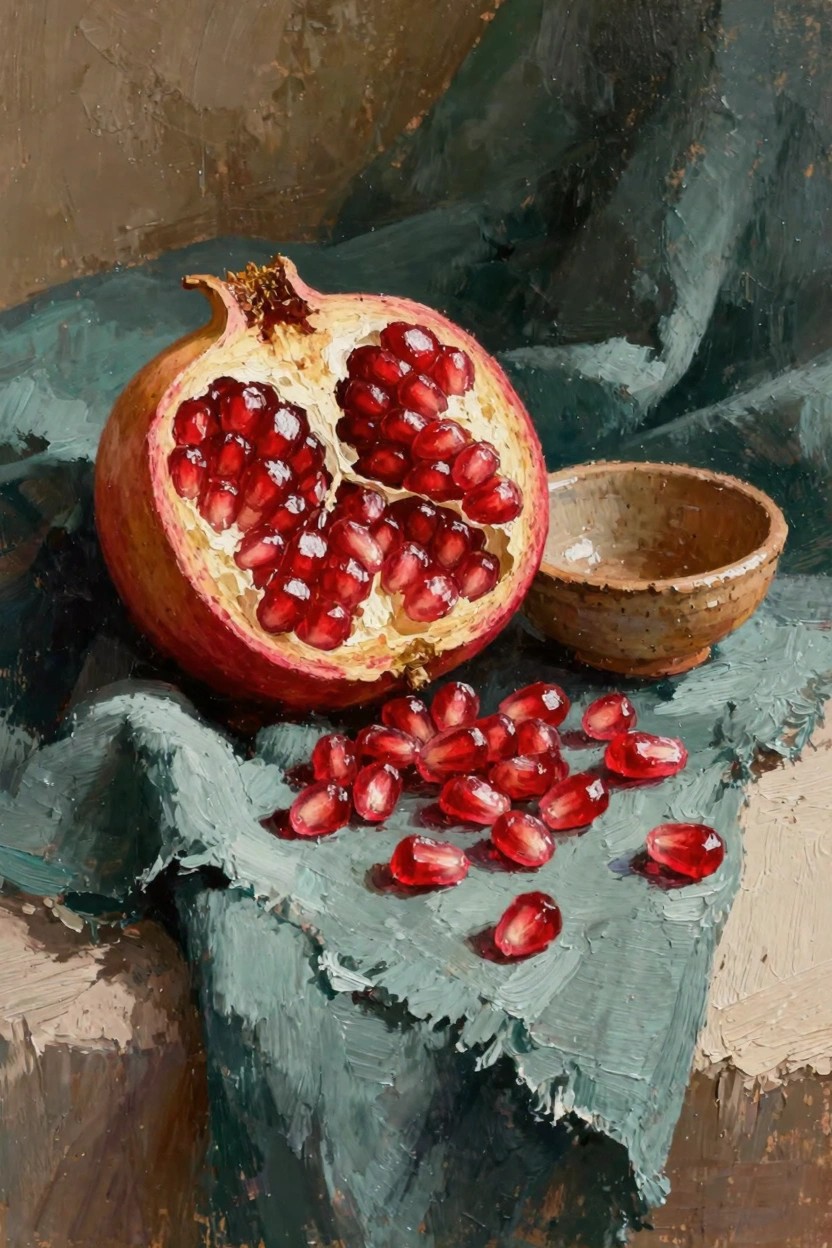 Oil painting of a split-open pomegranate with red seeds on green fabric, scattered arils, and a small brown bowl.