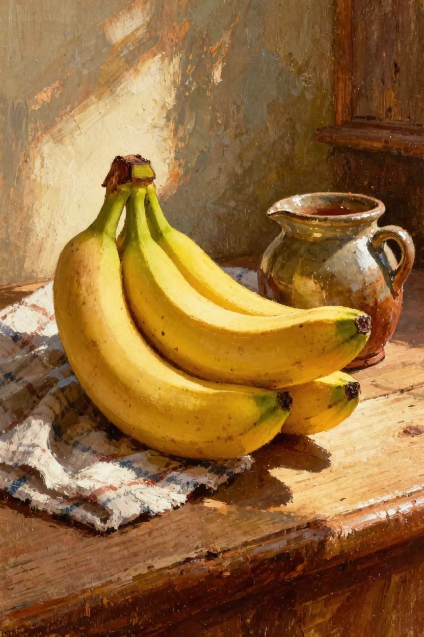 Oil painting of a bunch of yellow bananas on checkered cloth next to a brown terracotta jug on a wooden table with warm sunlight.