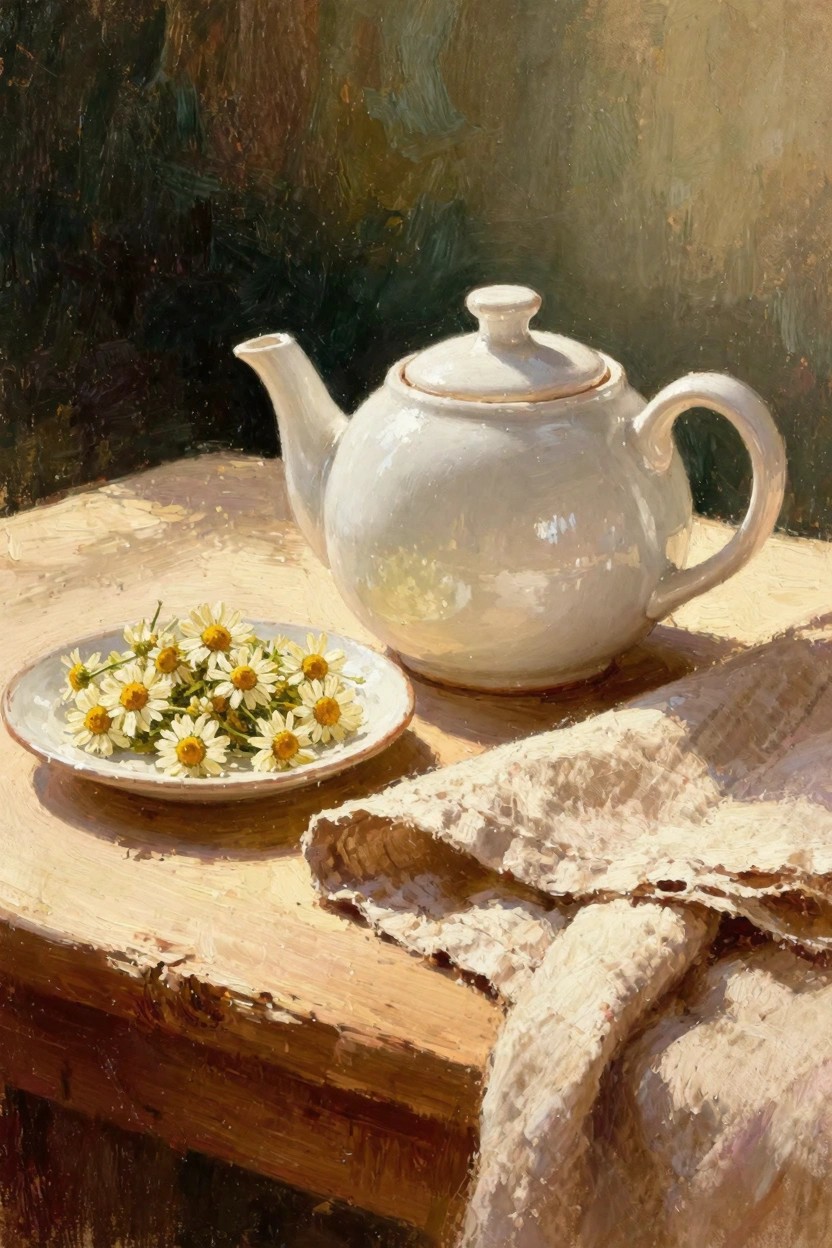 Oil painting of white teapot next to plate of white daisies on wooden table with beige draped cloth in soft sunlight.