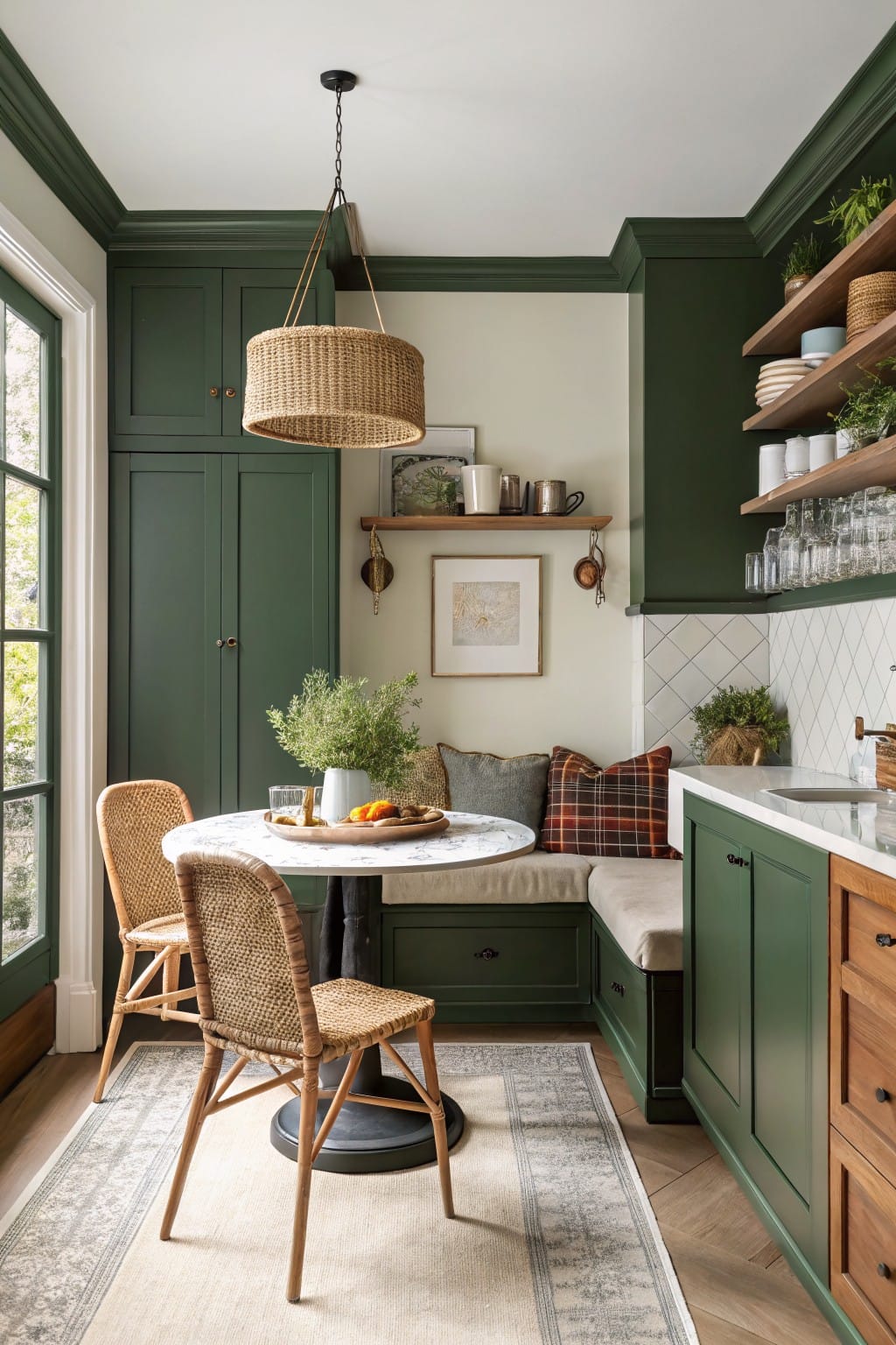 Kitchen nook with deep green cabinetry, round white table, rattan chairs, built-in banquette, and woven pendant light