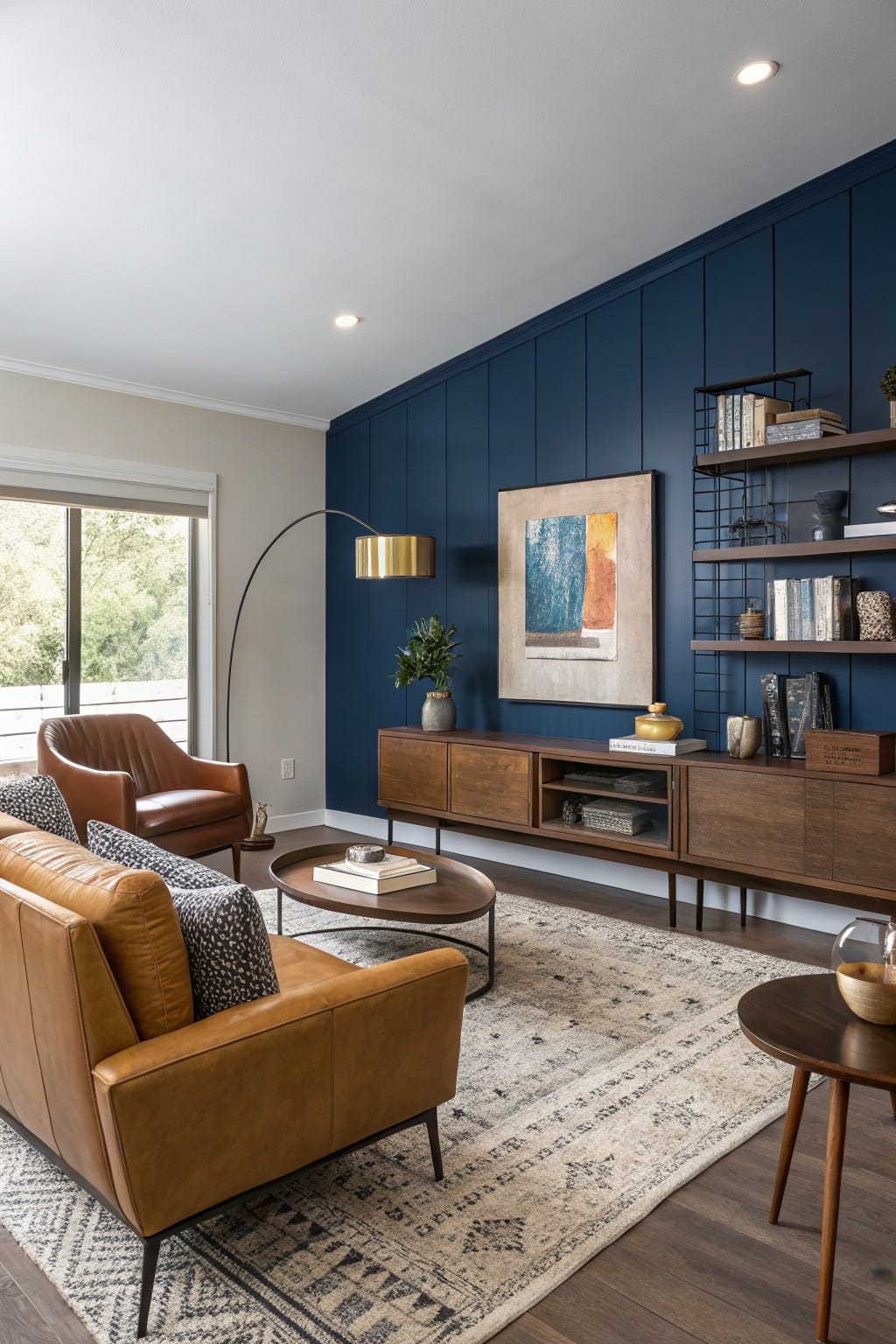 Living room with deep navy paneled accent wall, warm leather sofa and chairs, wooden media console, and neutral rug