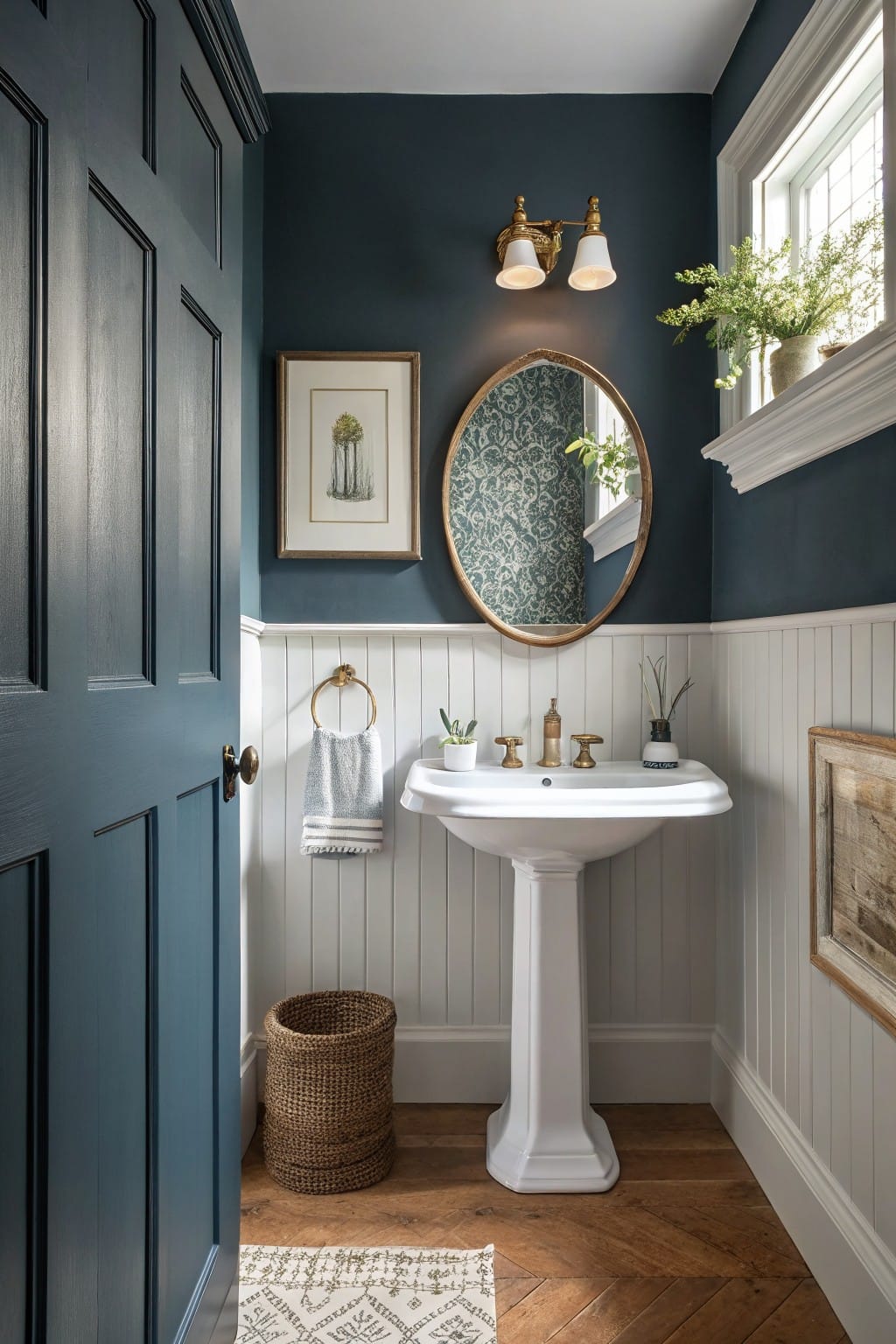 Cozy powder room featuring deep navy paneled walls, white wainscoting, pedestal sink with brass faucet, gold mirror, and potted plants on herringbone wood floor