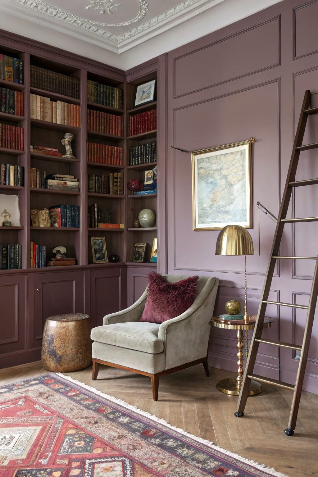 Cozy library corner with deep plum paneled walls, built-in bookshelves filled with books, a gray armchair with purple pillow, gold lamp, library ladder, and patterned rug on wood floors