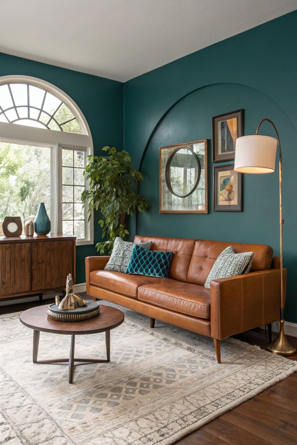 Cozy living room featuring deep teal walls, tan leather sofa, wood sideboard, round coffee table, and large arched window with plants